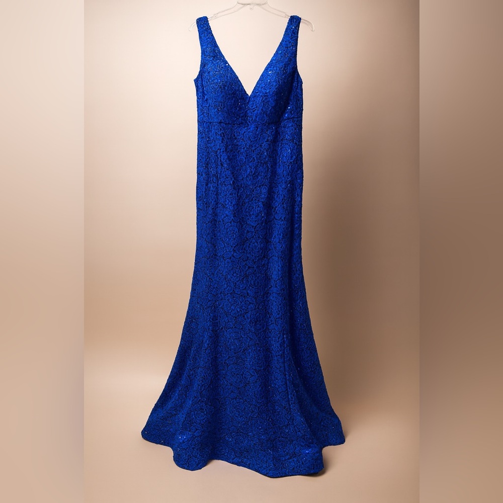 LaFemme Royal Blue Lace Evening Gown